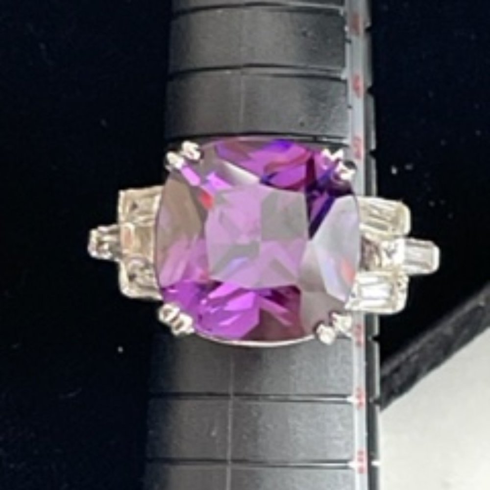 Vintage cocktail ring with emerald cut amethyst & cubic zirconias
